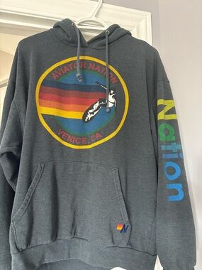 Aviator Nation Charcoal Pullover Hoodie with Retro Rainbow Graphic